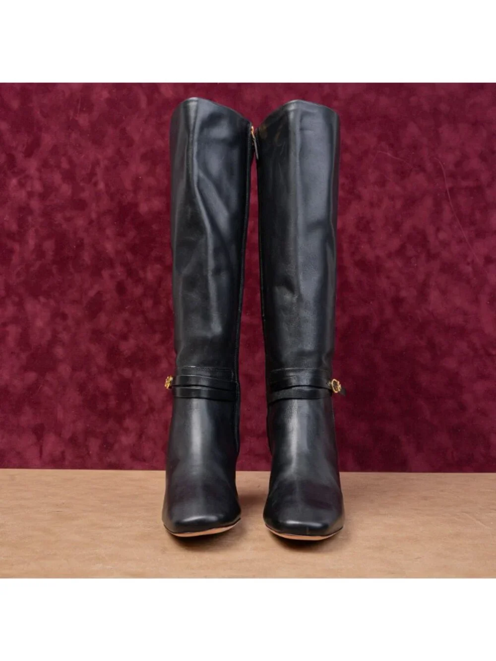 Tory Burch Women 55mm Black Leather T Logo Zip Fashion Party Knee Boots sz 7
